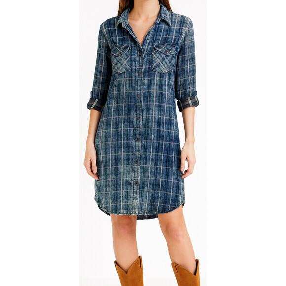 Anthropologie Cloth & Stone Blue Plaid Flannel Shirt Dress Western Grunge Boho M - Picture 1 of 6